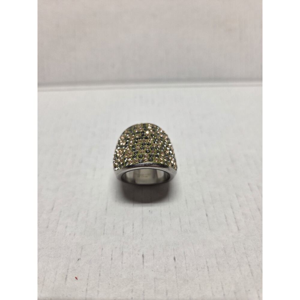 Silver Stainless Steel Dome Ring with Round Crystals Pavé Setting